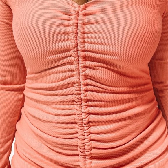 (NWT) Ruched Ribbed Bodycon Dress - Coral Pink - Picture 4 of 4